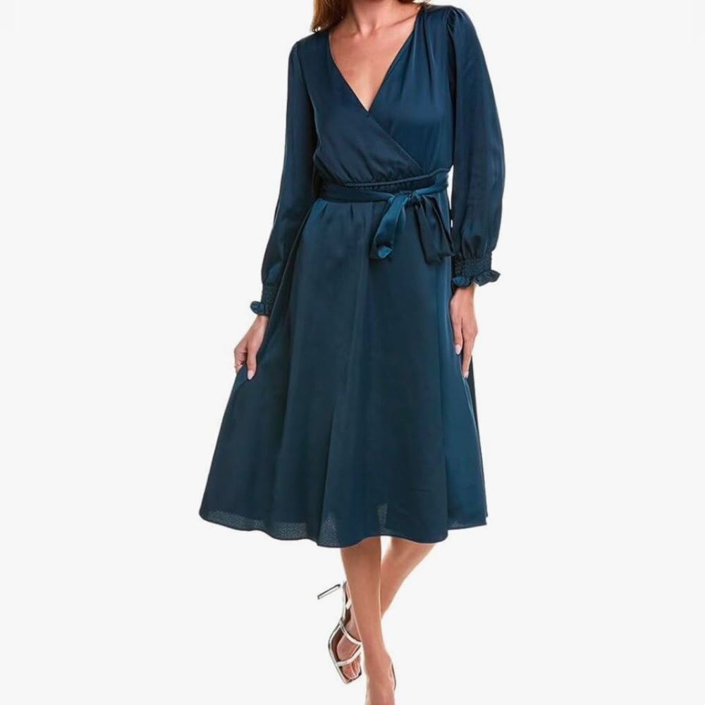 Taylor Dress Women's Long Sleeve Modest 14 Satin Faux Wrap Midi Sash Navy Blue